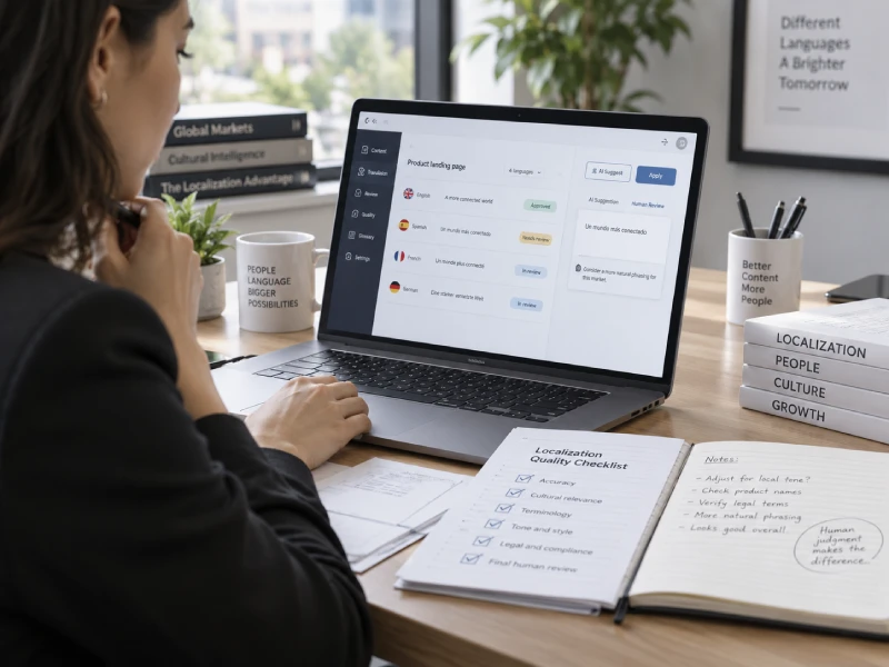Localization specialist reviewing AI-assisted multilingual content with human quality control