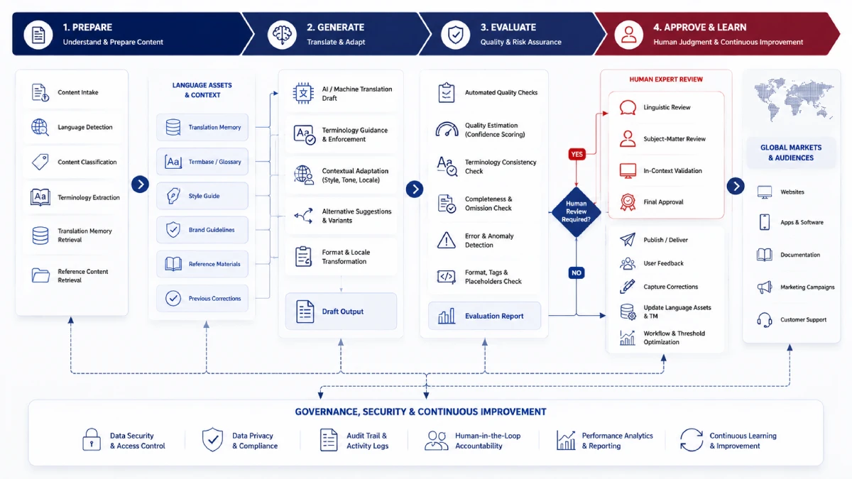AI localization workflow showing preparation, translation, quality evaluation, human review and approval stages