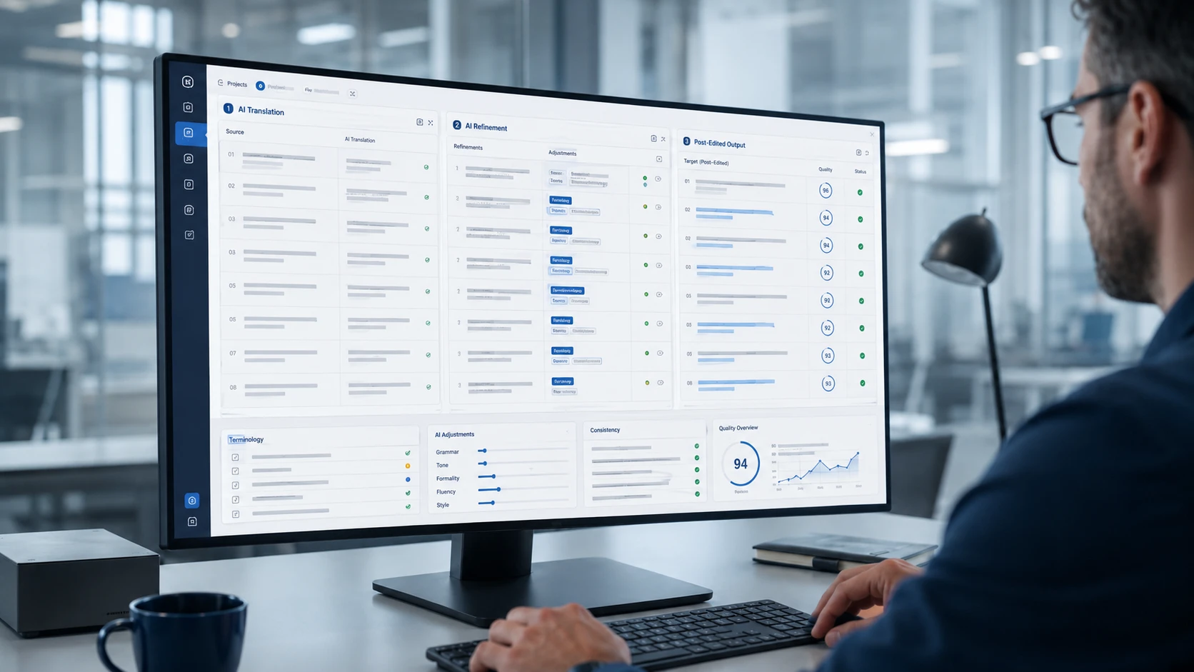 Enterprise AI post-editing workspace showing initial translation, automated language refinement and translation quality indicators