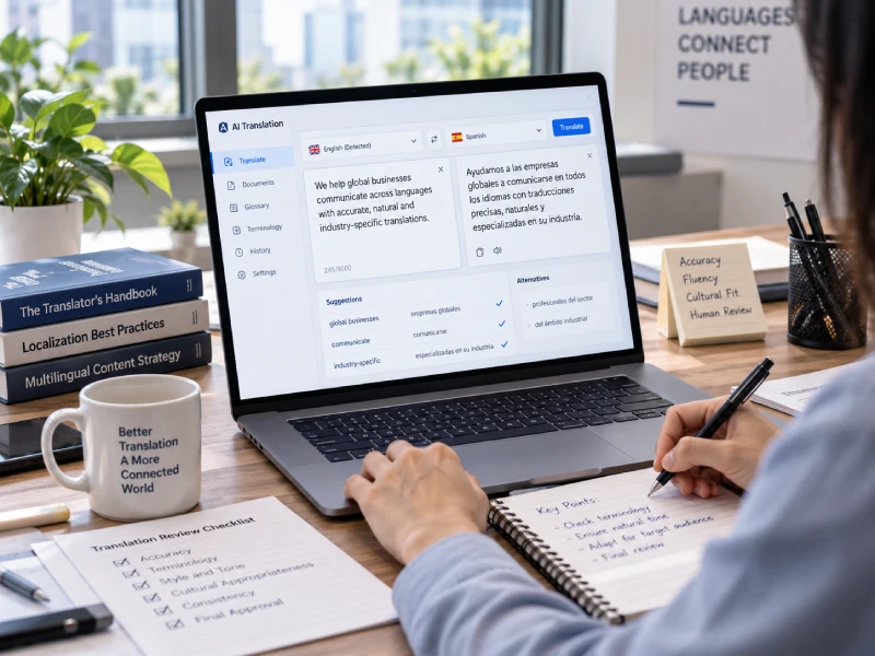 Language professional reviewing AI translation output with human quality checks