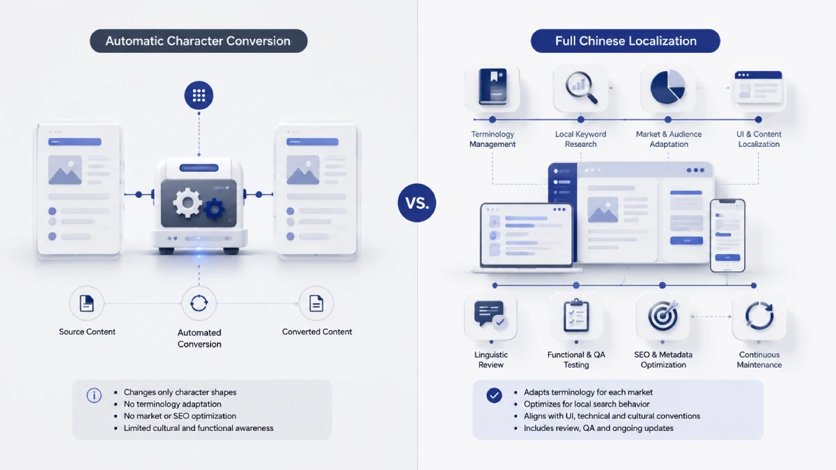 Automatic Chinese character conversion compared with full terminology, market, SEO and quality localization