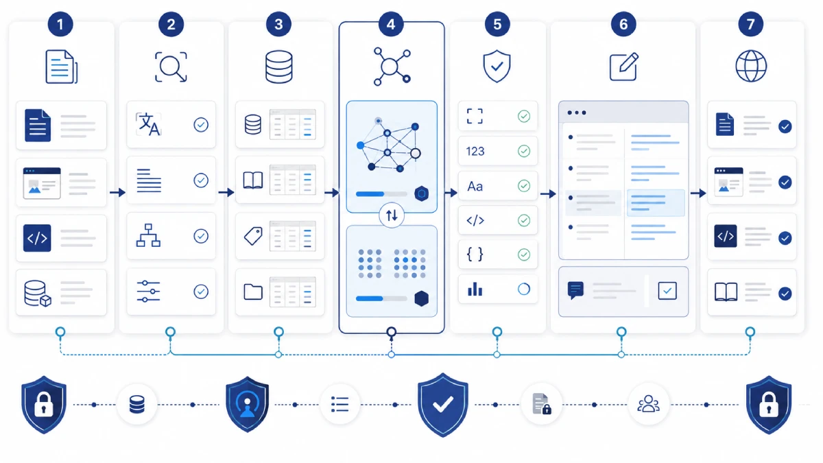 AI translation workflow from source-content preparation and terminology application to automated QA, human review, and localized output