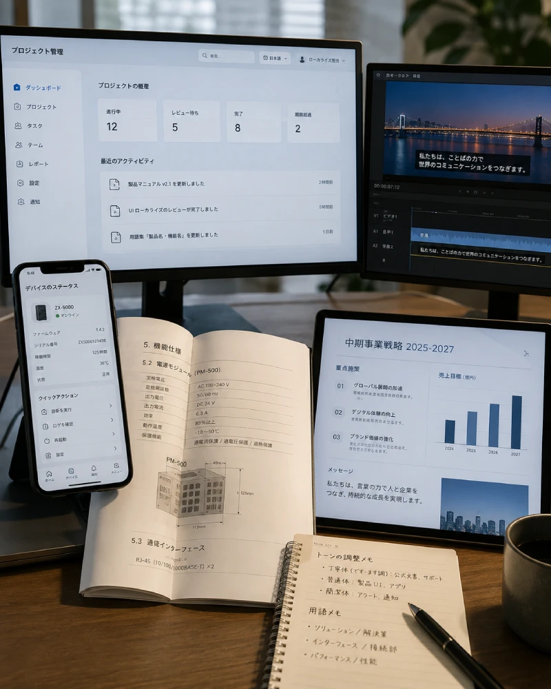 Japanese content across software interfaces, technical documentation and multimedia environments