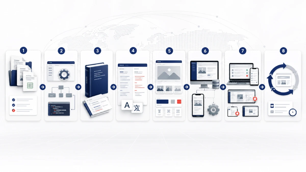 Localization workflow from content audit and translation to integration, testing, and updates