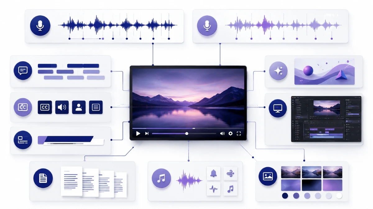 Media layers adapted during multimedia localization, including audio, subtitles, captions, graphics, UI, and transcripts
