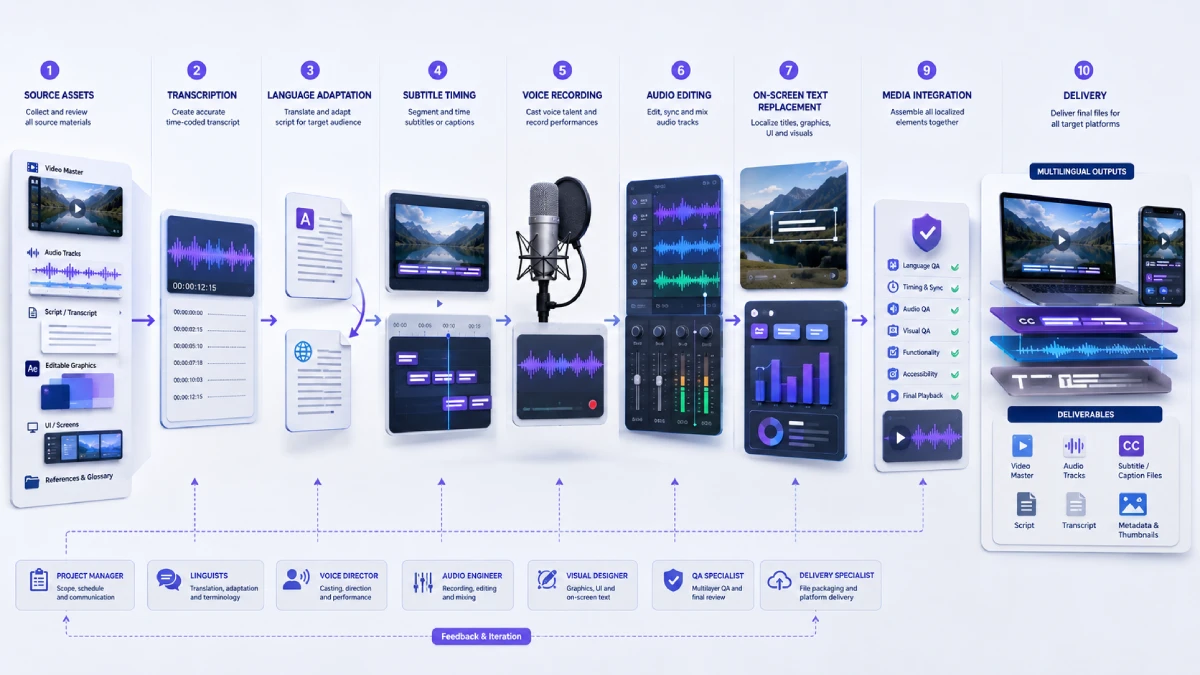 Multimedia localization workflow from source files and translation to audio production, quality assurance, and final delivery