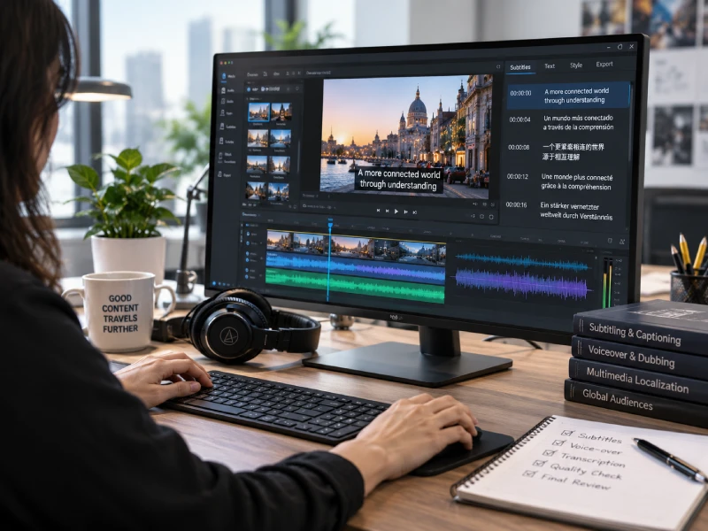 Multimedia localization workstation for subtitling, voiceover and transcription review