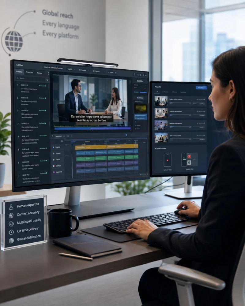 Professional YouTube subtitling workflow with video preview, subtitle timeline and multilingual subtitle editing