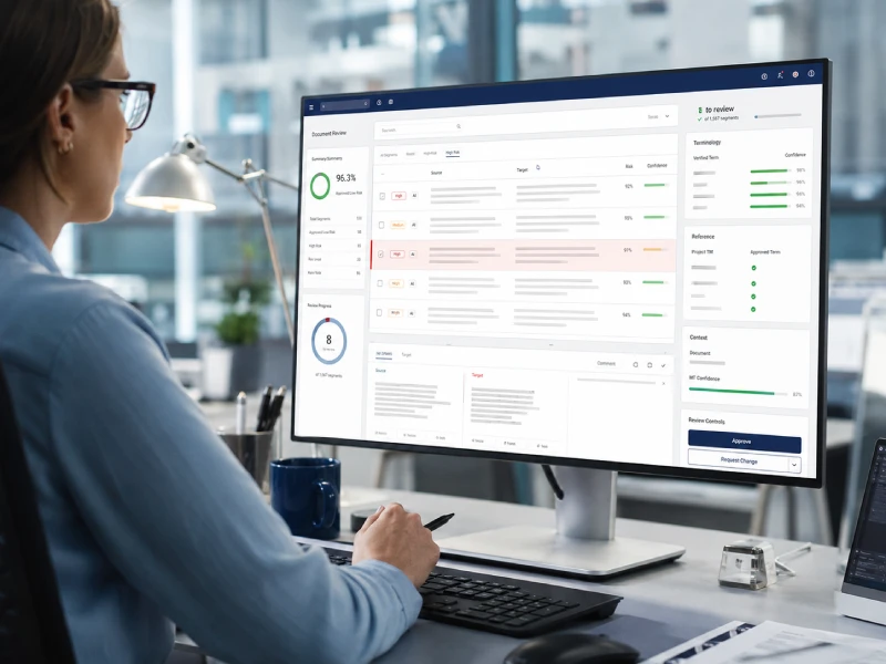 Professional linguist selectively reviewing flagged high-risk AI translation content in an enterprise translation environment