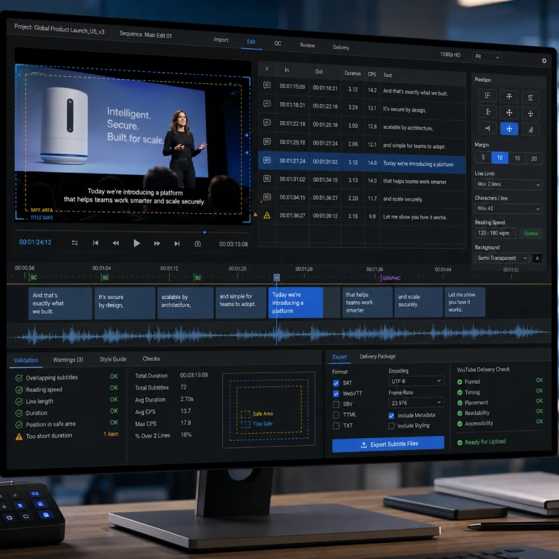 Professional YouTube subtitle formatting and synchronization interface with video preview, subtitle timeline, timecodes and segmented captions