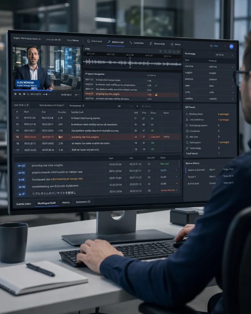 AI-assisted YouTube subtitle production workstation with video preview, waveform, subtitle timeline and professional human review