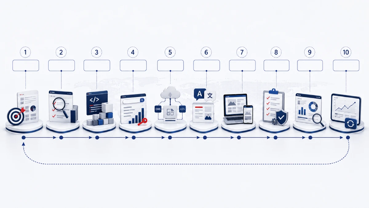 Ten-step website localization process from market strategy and technical audit to launch and continuous updates