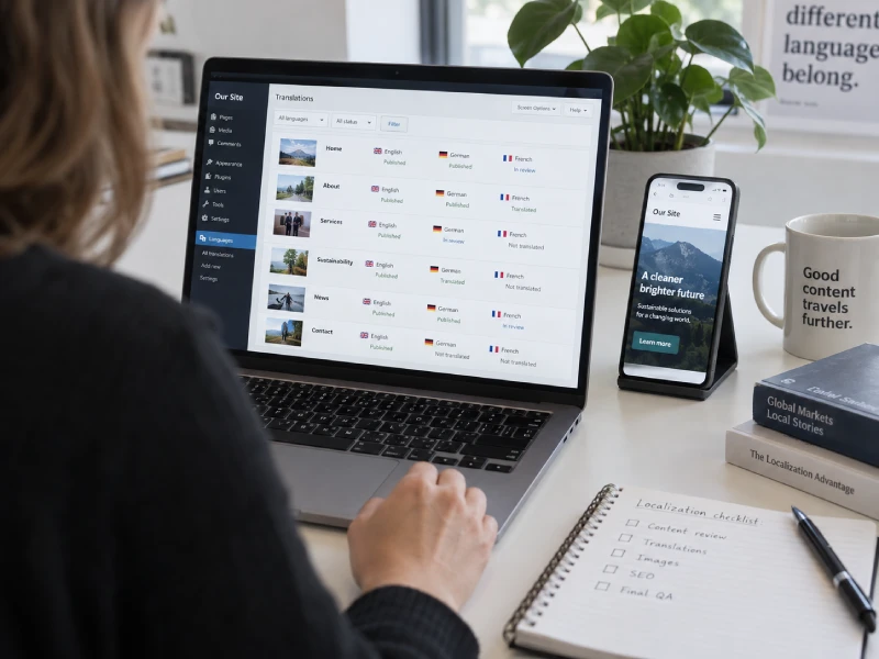 Website localization specialist reviewing multilingual website content across desktop and mobile