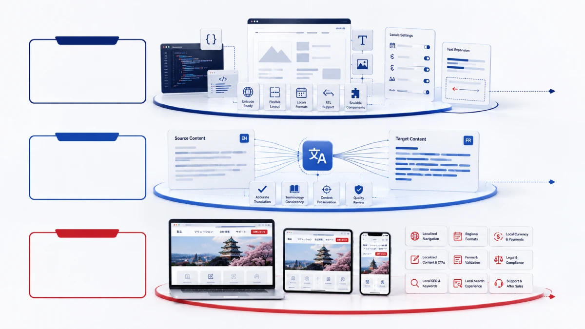 Comparison of website internationalization, translation and localization within a multilingual website strategy