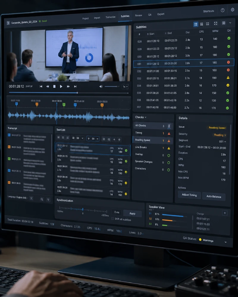 Professional YouTube subtitle production showing video preview, subtitle timeline, timecodes and multilingual subtitle editing
