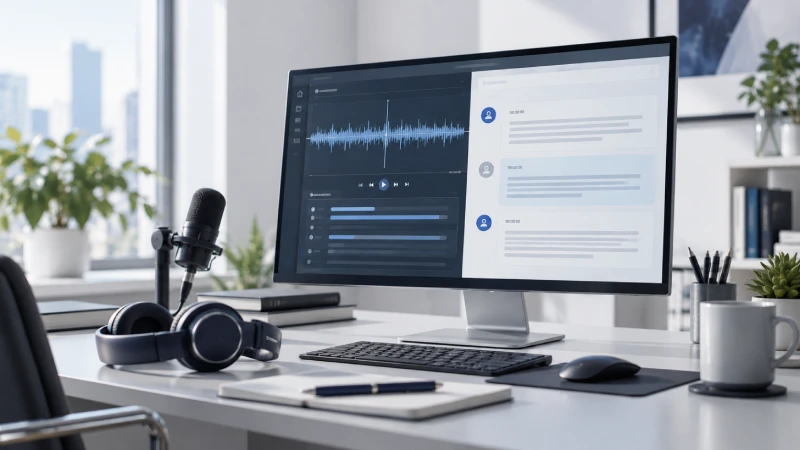 Professional transcription workspace with audio waveform, video content and transcript document